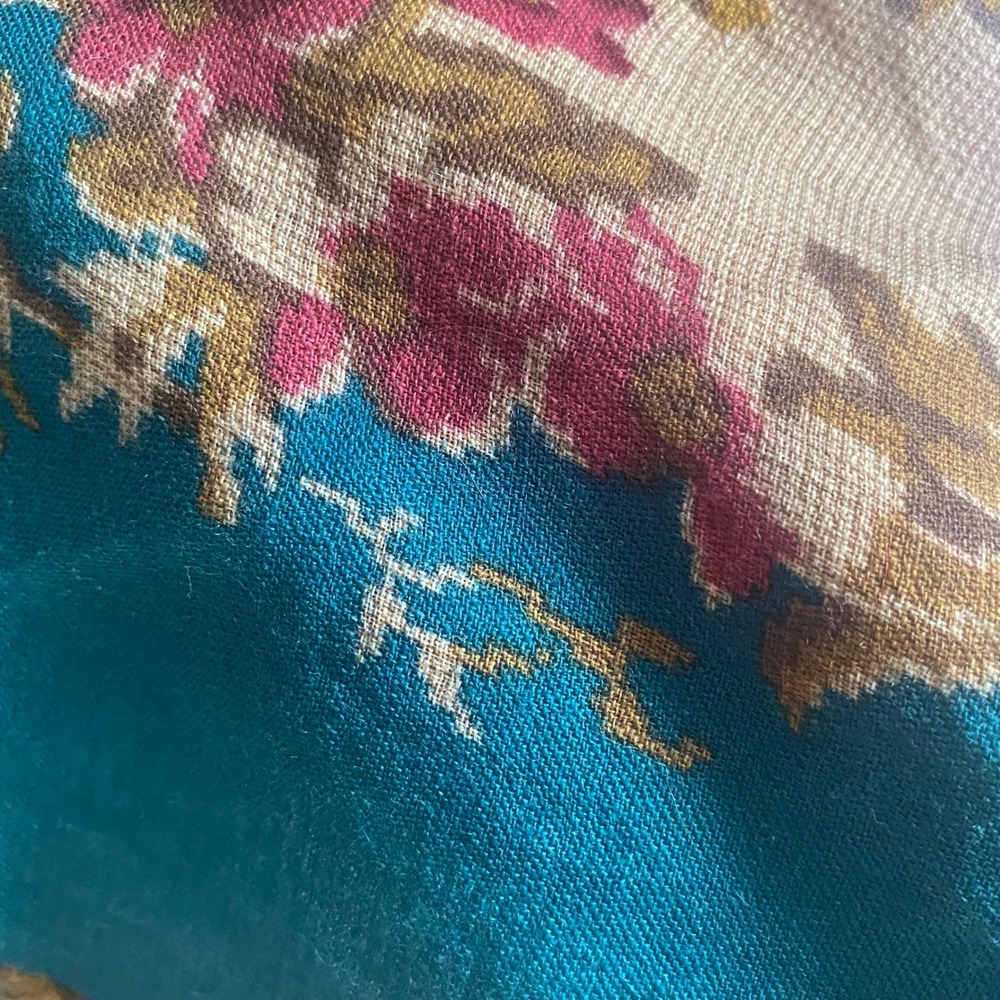 Vintage Glentex Teal Floral Tapestry Square Scarf Fringed Edge Victorian Style - Picture 8 of 13